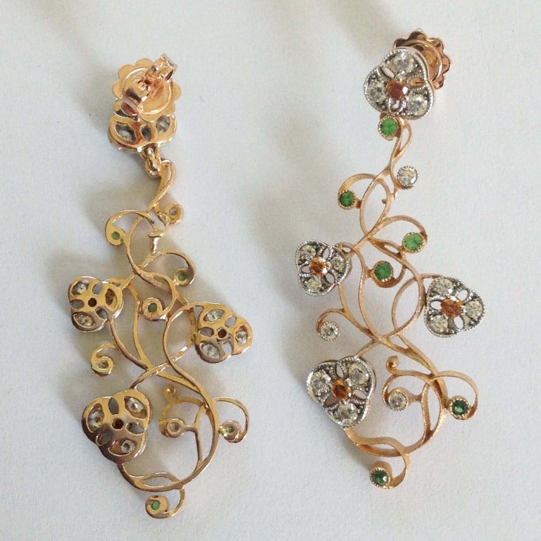 Dalben Tsavorite Diamond Two Color Gold Floral Chandelier Earrings 1