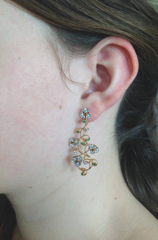 Dalben Tsavorite Diamond Two Color Gold Floral Chandelier Earrings 2