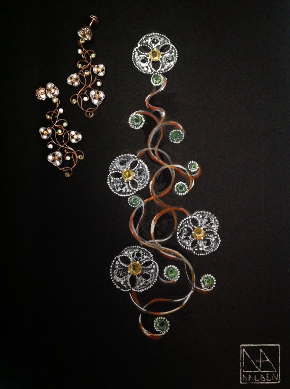 Dalben Tsavorite Diamond Two Color Gold Floral Chandelier Earrings 3