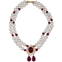 Two Strand Faux Baroque Pearl Ruby Diamond Bead Necklace
