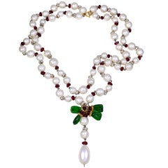 Two Strand Faux Baroque Pearl Ruby Emerald Bead Sautoir