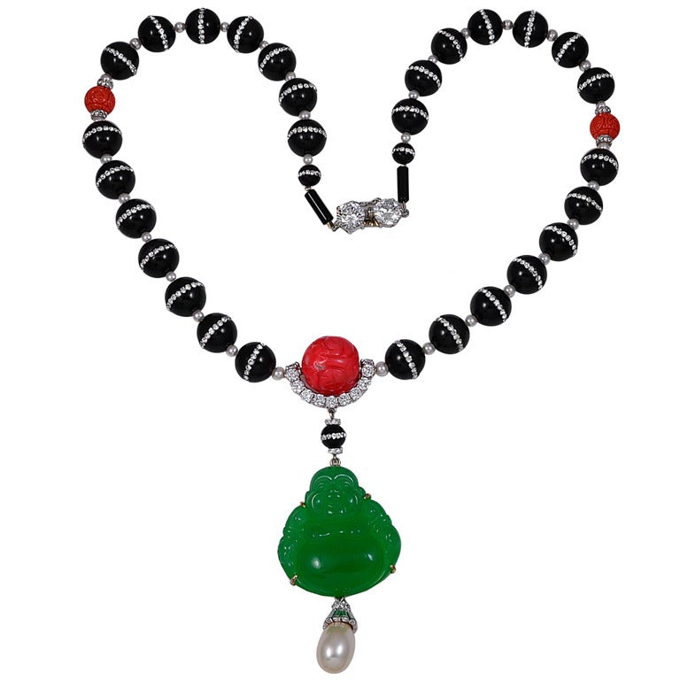 Onyx Jadequartz CZ Buddha Pendant Necklace