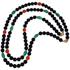 Two Strands Art Deco Style Onyx Faux Jade Coral Sautoir