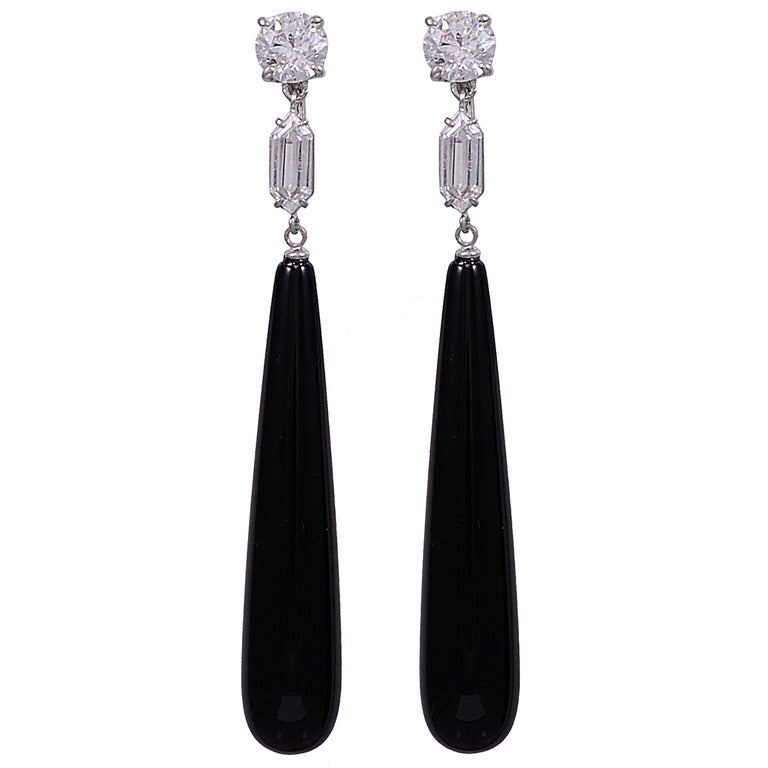 Onyx Drop Faux Diamond Long Earrings at 1stdibs