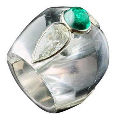 BELPERRON Bombé design rock crystal, emerald and diamond ring at 1stDibs