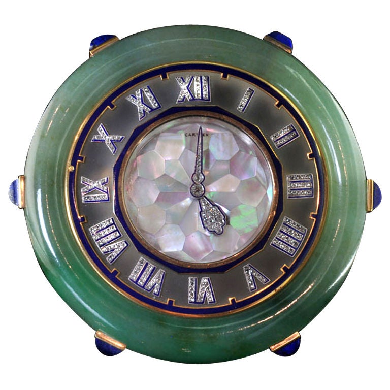 CARTIER Spectacular Art Deco Jade Diamond Set Clock