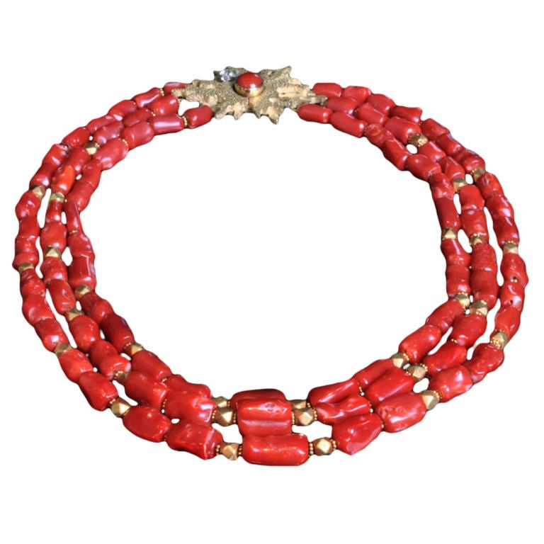 ANDREW GRIMA Three Strand Coral & Gold Necklace