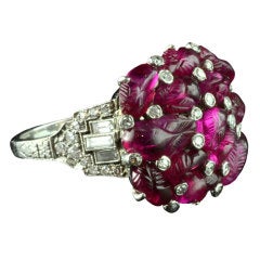 Antique Art Deco Carved Ruby and Diamond Cluster Ring