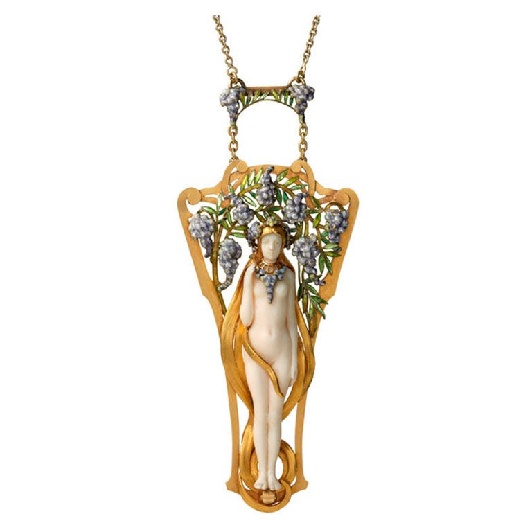 GEORGES LE SACHE Carved Ivory, Yellow Gold 
Enamel Pendant