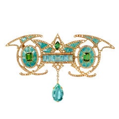 FOUQUET Gold, Aquamarine, Diamond & Enamel Brooch