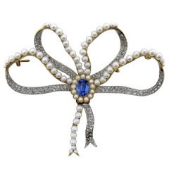 Victorian Sapphire Diamond Pearl Bow Brooch