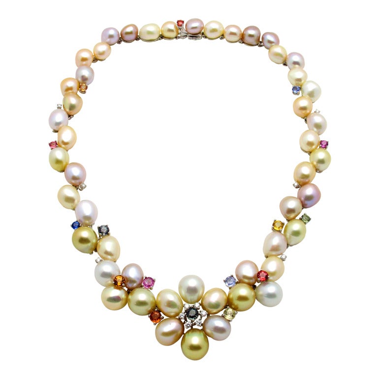 Pastel Pearl and Multicolored Sapphire Necklace For Sale