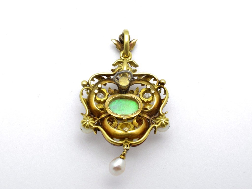 Belle Époque 19th Century Opal Diamond and Pearl Pendant with Enamel Accents