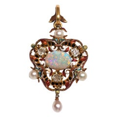 19th Century Opal Diamond and Pearl Pendant with Enamel Accents