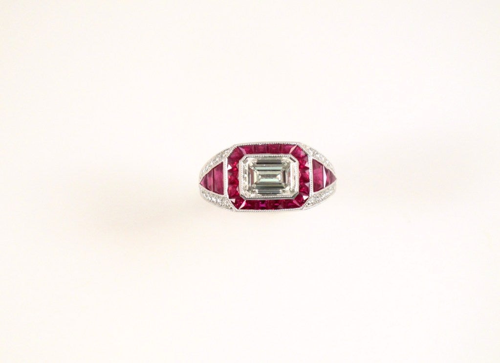 Art Deco Contemporary Ruby Diamond Platinum Ring