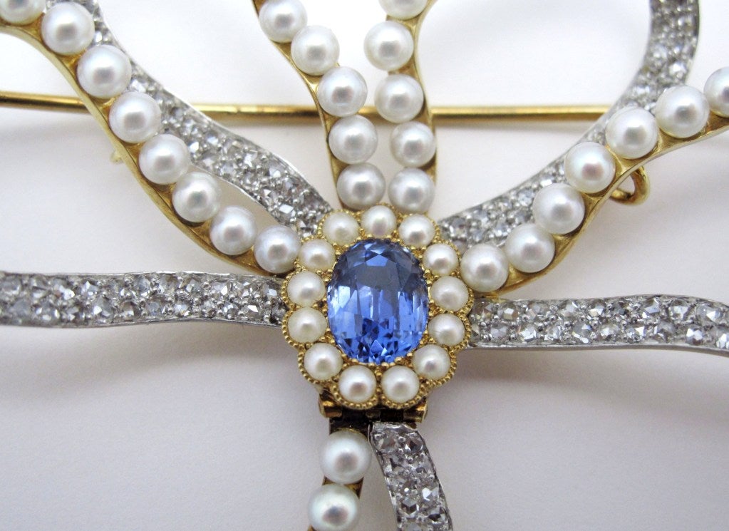 Victorian Sapphire Diamond Pearl Bow Brooch In Excellent Condition In Santa Fe, NM