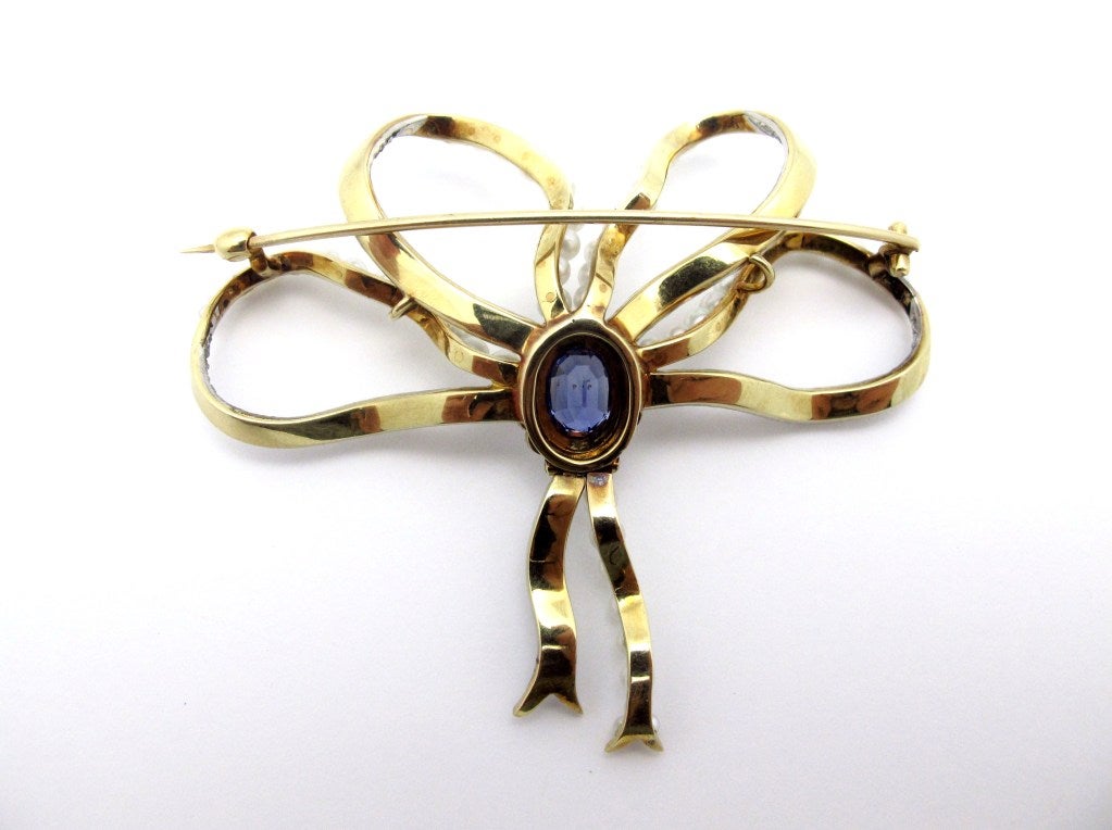 Women's Victorian Sapphire Diamond Pearl Bow Brooch