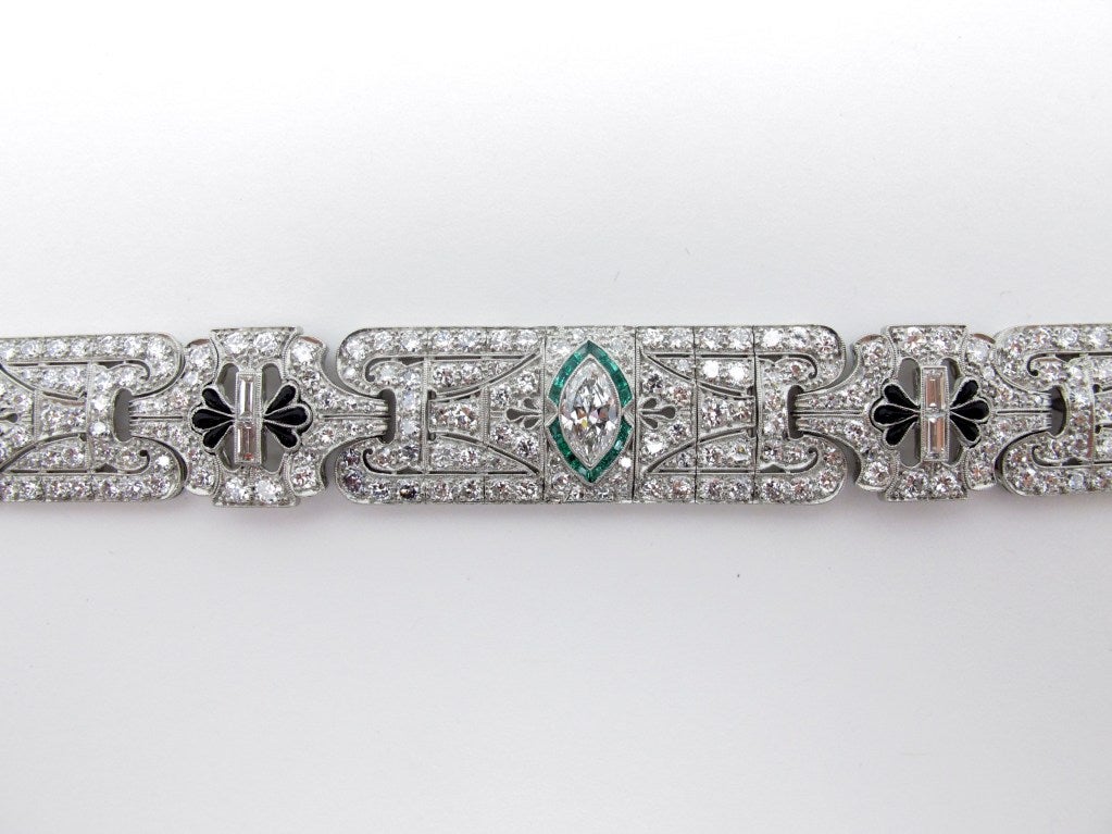 Art Deco Diamond Emerald Platinum Bracelet