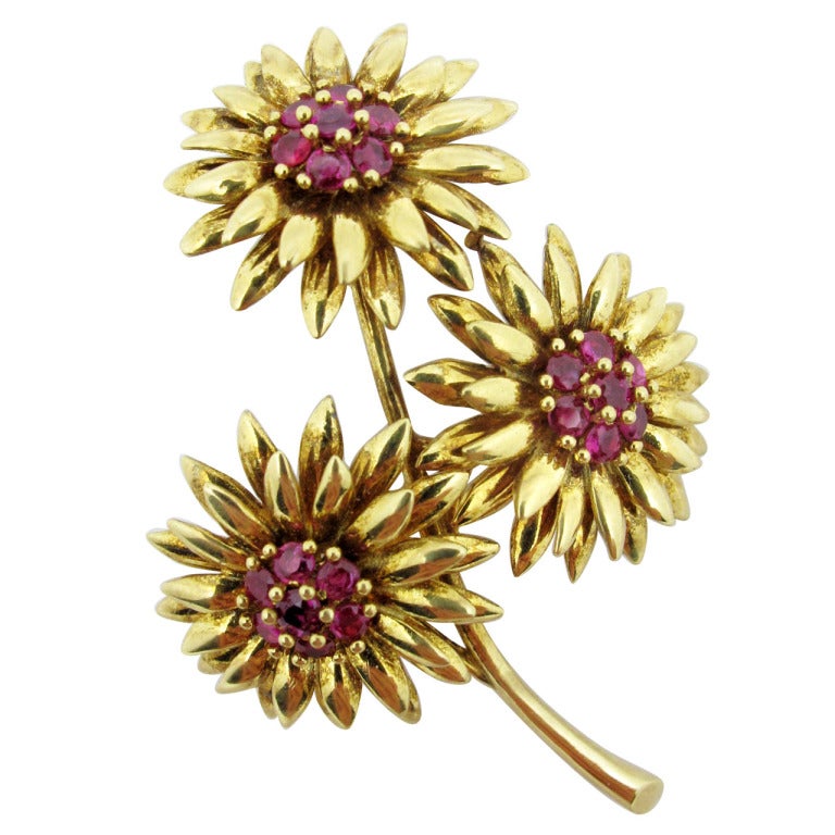 Tiffany & Co. Ruby Gold Floral Spray Brooch For Sale