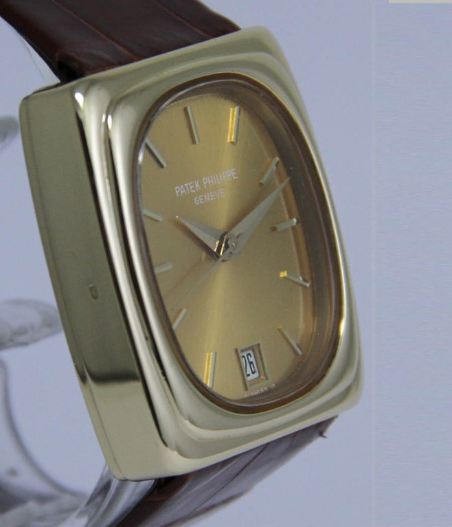 Patek Philippe
Ref. 3603
Ellipse

Case
18k yellow gold, case back engraved, 34mm x 37mm

Movement
Beta 21, first quartz movement with microchip, date

Dial
gilt dial, gold hands

Bracelet
kroko leather strap, buckle

*
Very rare and