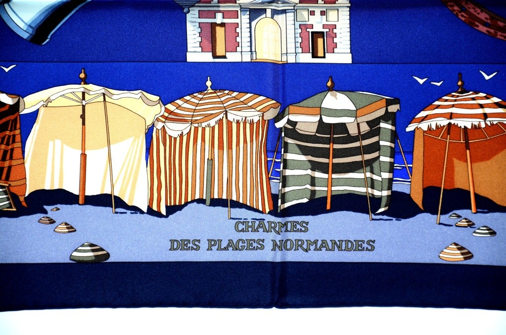 Article Title: Charmes De Plages - Normandes Beaches 

Fabric: Silk 100% 

Size: 35x35 in - 90x90 cm 

Condition: Excellent