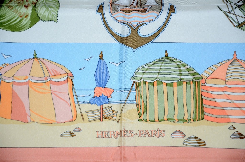 Article Title: Charmes des Plages Normandes Beaches

Fabric: Silk 100% 
Size: 35x35 in - 90x90 cm 
Condition: Good
