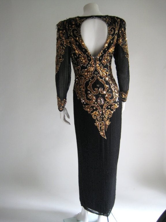 1980s Oleg Cassini Beaded Sequin Evening Dress For Sale 1