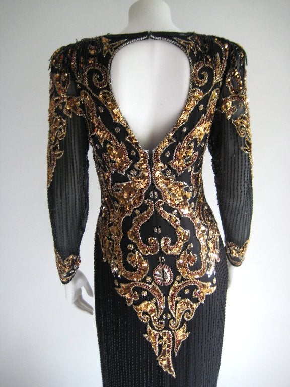 1980s Oleg Cassini Beaded Sequin Evening Dress For Sale 2