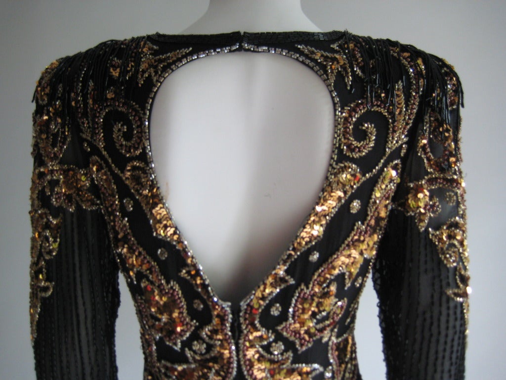 1980s Oleg Cassini Beaded Sequin Evening Dress For Sale 3