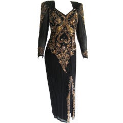 1980s Oleg Cassini Beaded Sequin Evening Dress