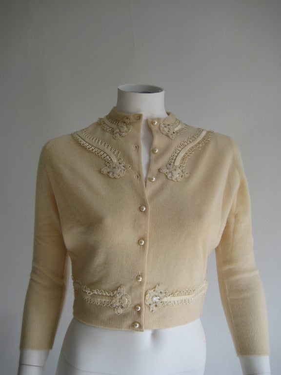 Embellished and beaded cashmere cardigan sweater with pearl buttons. 100% Imported cashmere. XS approximate modern day size 2.