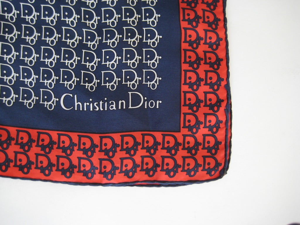 1970s Vintage Christian Dior Scarf
Red, White + Blue 
Dior logo throughout 
100% Silk
19 x 19 
Excellent Condition