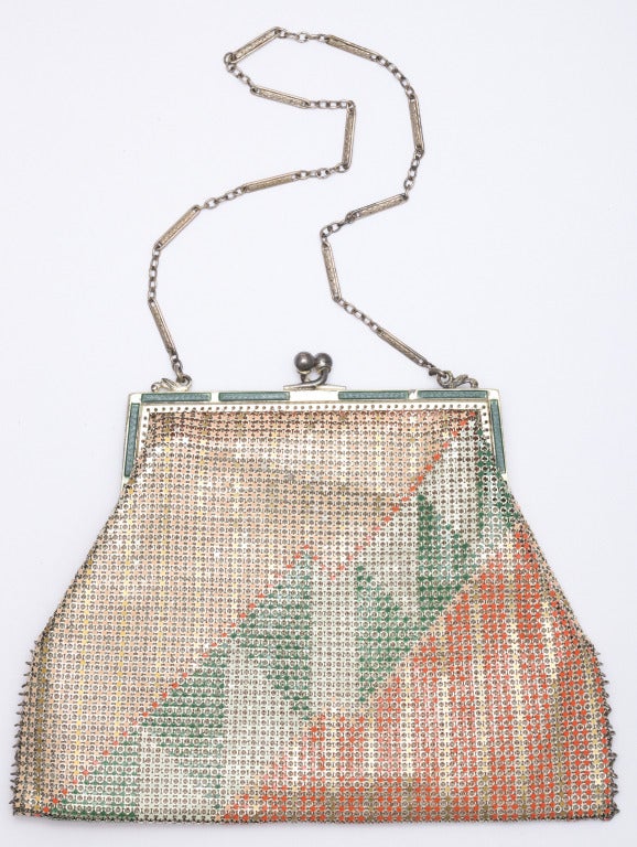 Extraordinary discovery of 4 Paul Poiret mesh bags designed in 1925 for Whiting and Davis, each enameled metal with cloth interiors, all in fine condition with minor losses and some discoloration. Each approximately 4 1/2 inches by 6 inches.
Comes