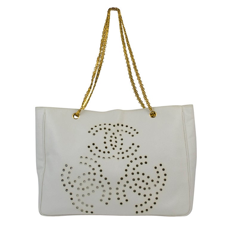 Chanel Perforated White Leather Tote For Sale