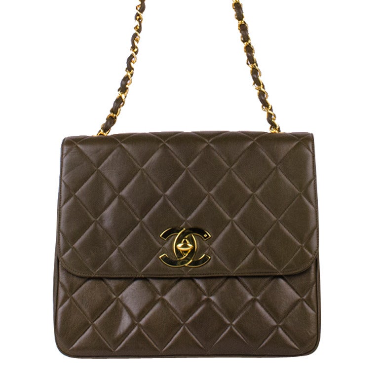 Chanel Vintage Brown Quilted Lambskin Leather Large Classic Flap Bag For Sale