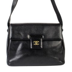 Vintage Chanel Black Caviar Leather Button Flap Bag