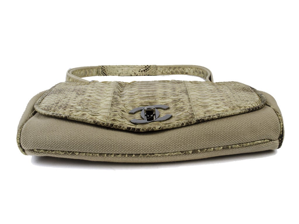 Chanel Python & Cotton Mixed Flap Shoulder Bag In Excellent Condition For Sale In San Diego, CA