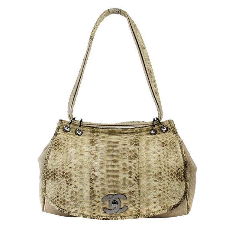 Chanel Python & Cotton Mixed Flap Shoulder Bag For Sale