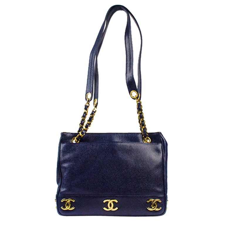 Chanel Navy Blue Caviar Leather CC Logo Trim Tote Bag
