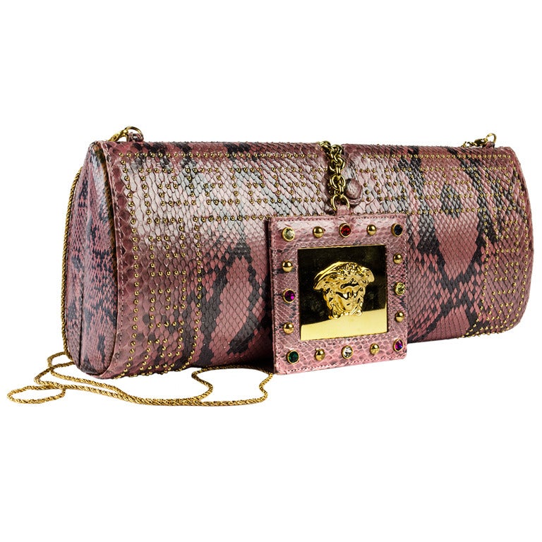 Gianni Versace Vintage Snakeskin Studded Barrel Bag For Sale