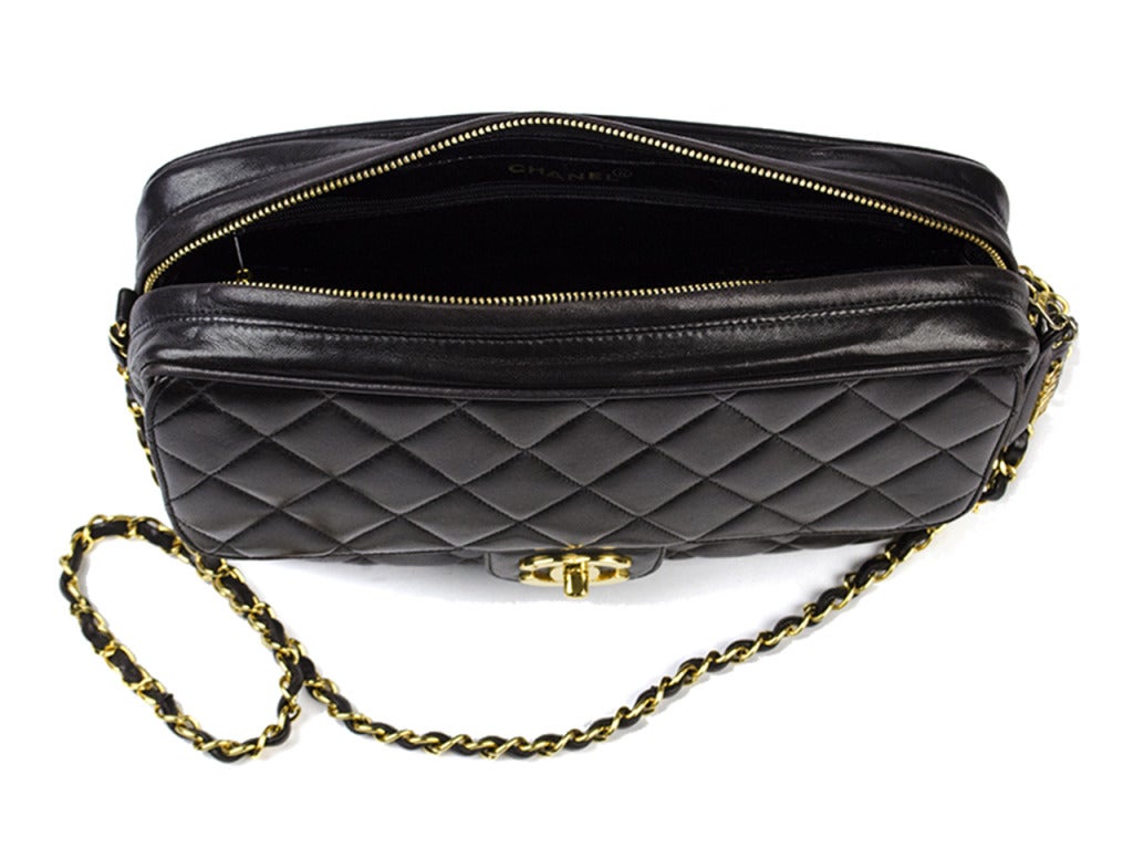 Women's Chanel Black Lambskin Zip Top Flap Shoulder Bag