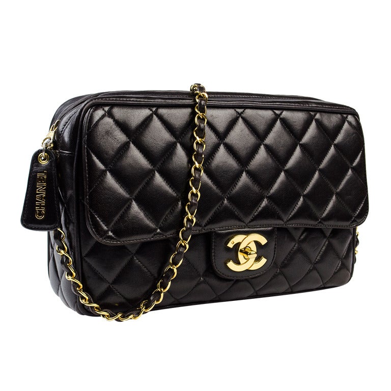 Chanel Black Lambskin Zip Top Flap Shoulder Bag
