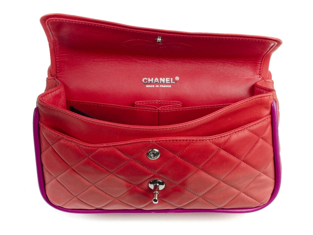 Chanel Orange Flap Bag with Purple Piping In New Condition In San Diego, CA
