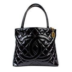Vintage Chanel Black Patent Leather Medallion Tote