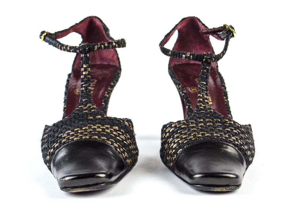 Chanel Tweed & Leather T-Strap Sandal Heels In Excellent Condition For Sale In San Diego, CA