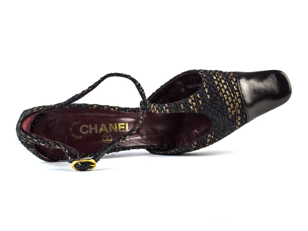 Chanel Tweed & Leather T-Strap Sandal Heels For Sale 1