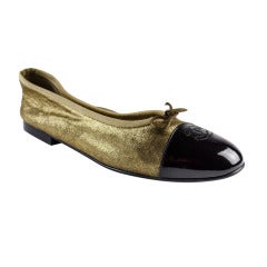 Chanel Black Patent Leather & Gold Speckled Leather Ballerina Flats
