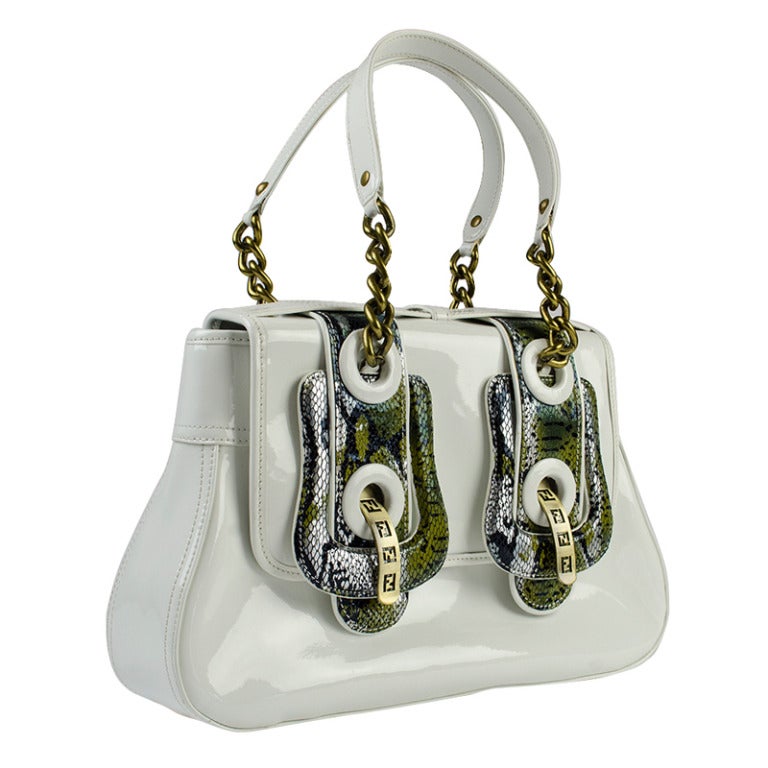 Fendi White Patent and Snakeskin Buckle Bag For Sale