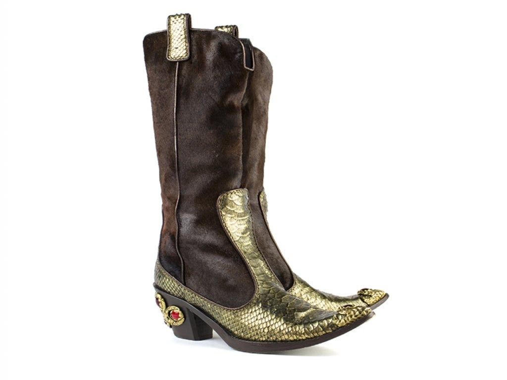 WOW! Stunning Giuseppe Zanotti Zagor 50 Turbo boots is perfect for any western belle! Brown calf hair throughout the upper combined with gold python and ruby jeweled detail! Simply draw dropping! Condition: These shoes are in excellent pre-owned