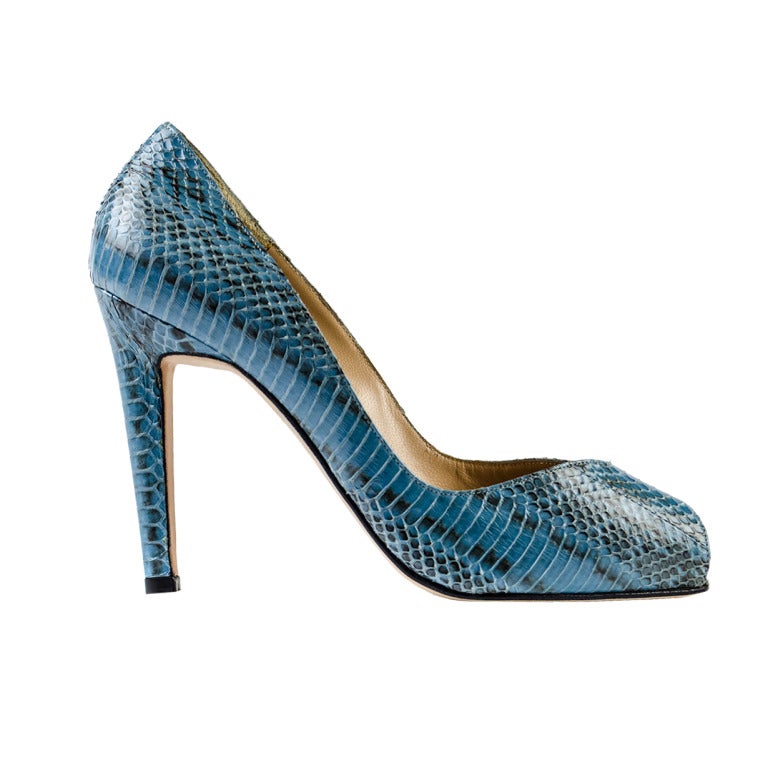 Manolo Blahnik Blue Snakeskin Peep Toe Heels For Sale